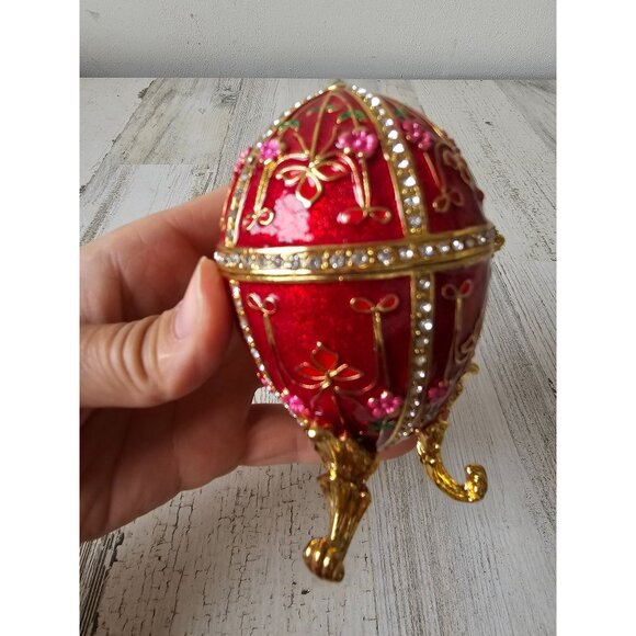 Jeweled egg rhinestone trinket box jewelry red gold flowers daisies - Picture 2 of 8